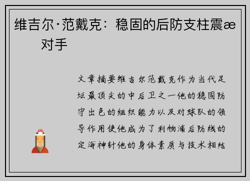 维吉尔·范戴克：稳固的后防支柱震慑对手